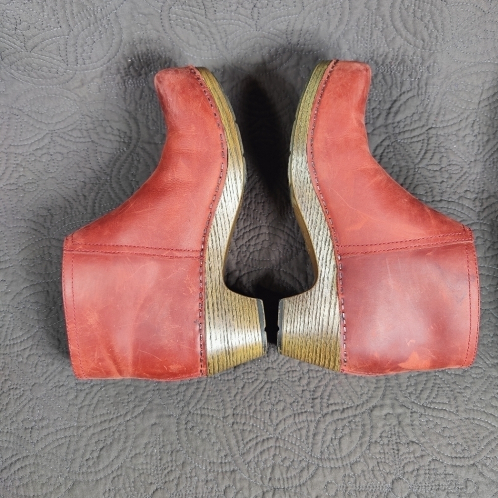 Dansko Max Block Heel Zip Distressed Rust Burgundy Leather Ankle Wedge 6.5-7 - Picture 9 of 13